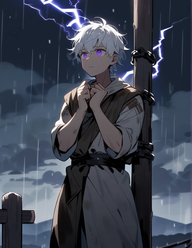 small Greek boy with white hair, with violet eyes, wearing dirty and slightly torn country clothes, chained by his hands to a wooden post, looking at the sky on a rainy night with storms and lightning