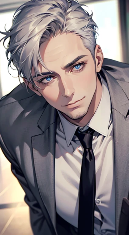 (best quality,4k,8k,highres,masterpiece:1.2),ultra-detailed,(realistic,photorealistic,photo-realistic:1.37),1 man,31 years old,mature man,very handsome,without expression,smile,short grey white hair,blue eyes,penetrating gaze,perfect face without errors,imposing posture,businessman,office background,cinematic lighting,hdr image