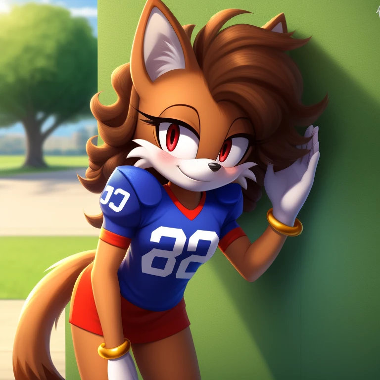 mobian, solo, hedgehog, two-tone fur ((orange fur, brown fur)), posing like a model, wearing an Oversized American Football shirt, two-tone hair (brown hair, black tip)), curly hair, halo, sunglasses, jewelry, red eyes, longeyelashes, red eyes, smile, shy, blush, her body is leaning towards the wall, but her hand presses against the wall, she has a happy face, spot color, and lastly she's in the park, it's sunny, high detail, masterpiece, UHD, anatomically correct, super detail, highres, 4K