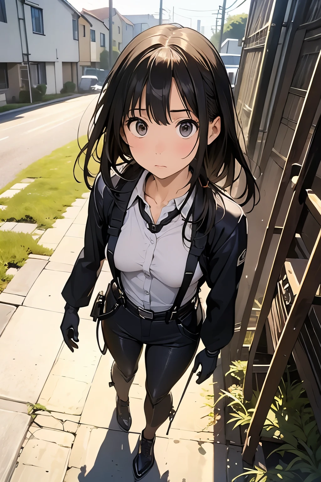 high quality, masterpiece, Ultra-high resolution, (realism: 1.4), Oil painting style, Cinema Lighting, An endless grassland dotted with a few houses, I stood on the empty asphalt road and looked at it., Fairy Mountain々was shrouded in mist, And the suspenders with the cranes flying Moderate breasts Small face holster Beautiful woman Lying in bed Looking up Sweat belt summer 脇Sweat Black Hole Gloves suit shirt Black jacket Black trousers Leg Links ズボンにbelt holster Nipples showing through clothes, caught Hands behind your back Anxious expression Looking up Anxious face
