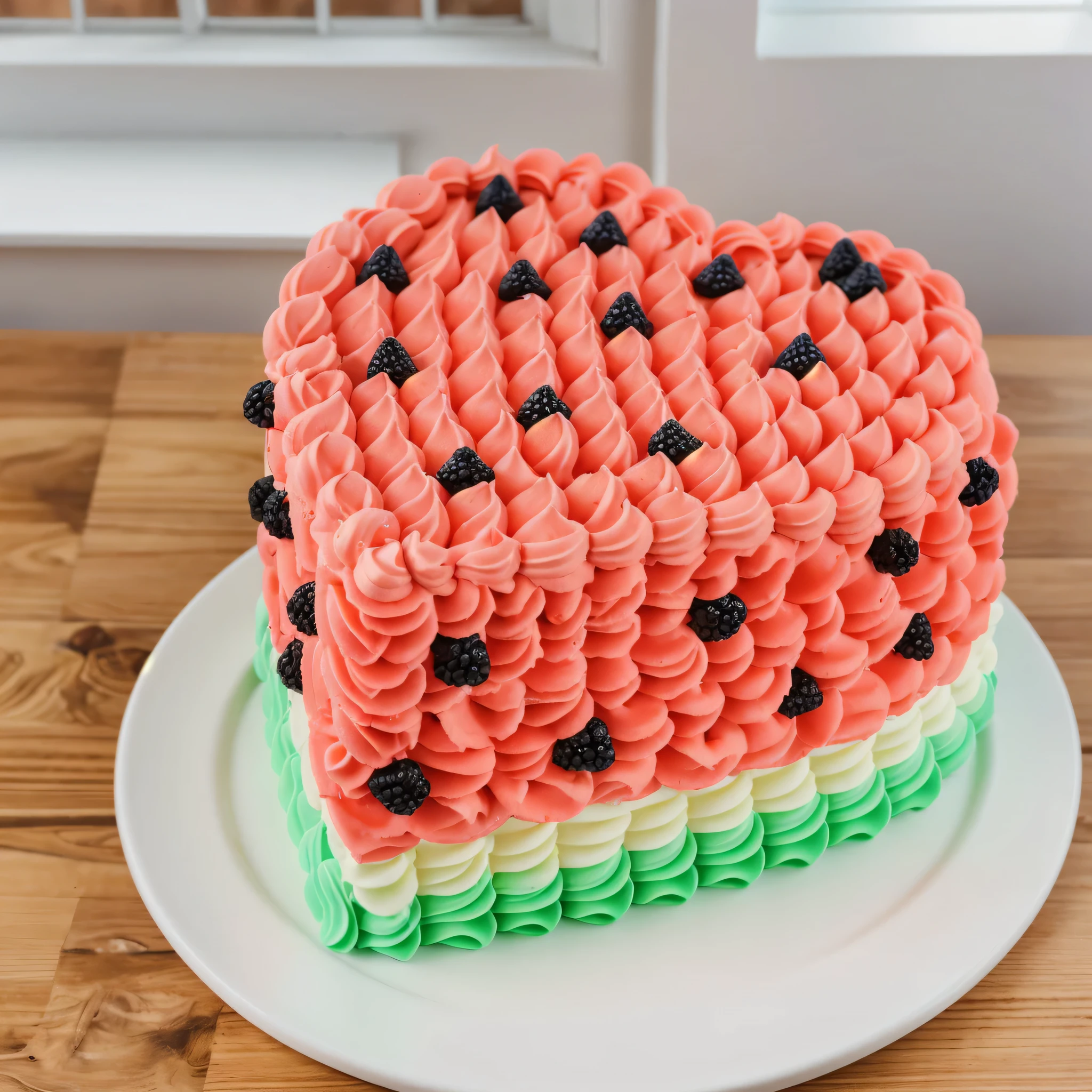 on a black background, a cream cake in the form of a heart, in shape of watermelon, the lower part of the cake is made of green cream whirls, reproduces the texture of a watermelon, a cream layer of fresh, juicy white m'yakotia. The top layer consists of red cream, on top of which watermelon seeds are poured, made of polymer clay, window light, bright lights, soft light, window light, professional lighting, light from the window, neat light, realistic texture, realistic style, detailed texture, high quality, high resolution, high quality rendering, realistic photo, brightning light, macro photo

