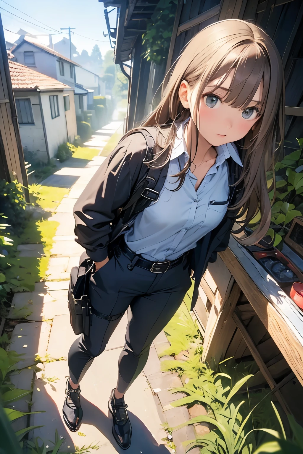 high quality, masterpiece, Ultra-high resolution, (realism: 1.4), Oil painting style, Cinema Lighting, An endless grassland dotted with a few houses, I stood on the empty asphalt road and looked at it., Fairy Mountain々was shrouded in mist, And the suspenders with the cranes flying Moderate breasts Small face holster Beautiful woman Lying in bed Looking up Sweat belt summer 脇Sweat Black Hole Gloves suit shirt Black jacket Black trousers Leg Links ズボンにbelt holster Nipples showing through clothes, caught Hands behind your back Anxious expression Looking up Anxious face