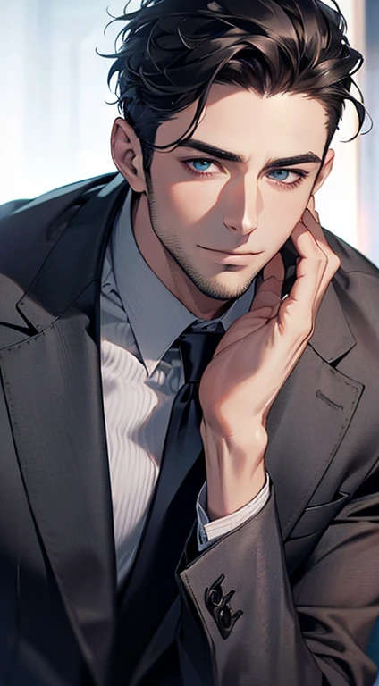 (best quality,4k,8k,highres,masterpiece:1.2),ultra-detailed,(realistic,photorealistic,photo-realistic:1.37),1 man,31 years old,mature man,very handsome,without expression,smile,short grey black hair,blue eyes,penetrating gaze,perfect face without errors,imposing posture,businessman,office background,cinematic lighting,hdr image