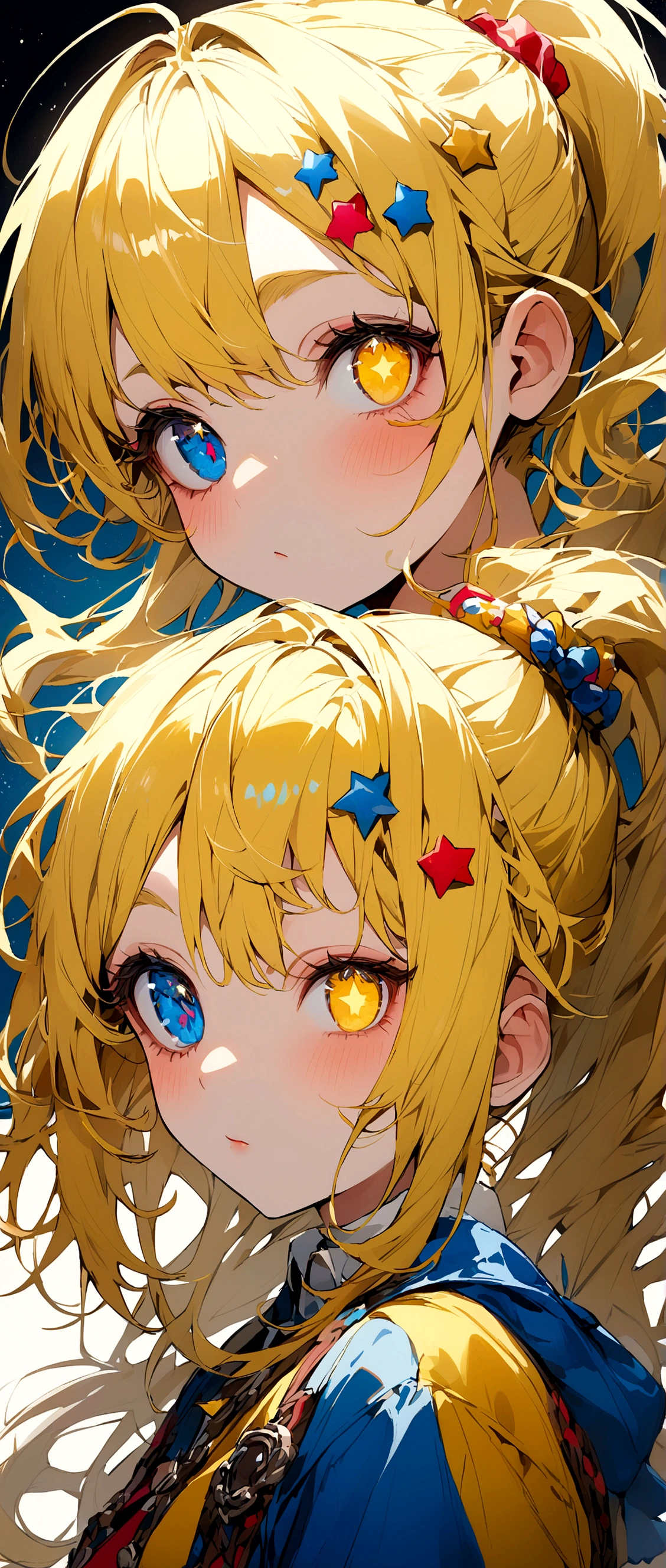 Yellow Hair、Ponytail on the right side、Cat ear、Right eye is blue、Left eye is yellow、Odd Eye、Stars in your eyes、Star hair ornament、Girl
