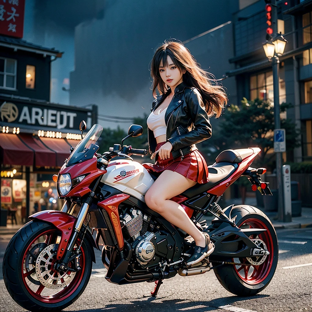 High resolution、Ultra high quality、8K、Real shots、original photography、Top image quality、masterpiece、masterpiece、(soft saturation:1)、(Depth of Field:1.2)、(Ray tracing:1.2) 、landscape、Nata、Optics、The background is a sci-fi style night scene、Wind、夜晚的紅色大motorcycle在城市中飛馳、紅裙少女坐在紅色大motorcycle上,Delicate and super beautiful face、(red leather jacket:1.2)、(red skirt:1.3)、glossy black stilettos、、Large cleavage、Ultra low cut、thick calf、White and fleshy、Super grip controller、騎乘巨型motorcycle、motorcycle、motorcycle手、騎motorcycle、女motorcycle手圖片、motorcycle、motorcycle排氣量: 1300CC、fast、Photograph、Close-up、Motion blur