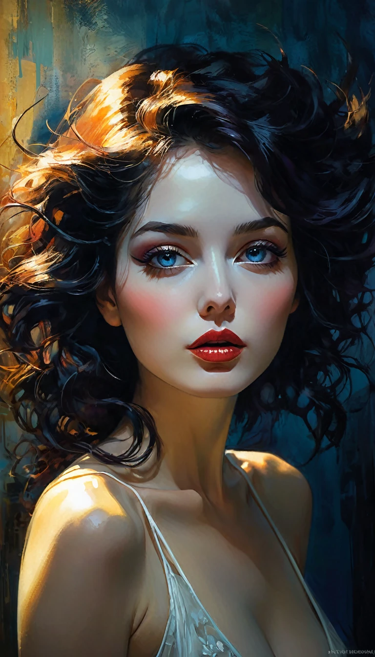 The art of seduction (art inspired in Bill Sienkiewicz). oil painting) (best quality,4k,8k,highres,masterpiece:1.2),ultra-detailed,(realistic,photorealistic,photo-realistic:1.37),intricate details,vivid colors,sharp focus,professional,Dave McKean artwork, oil touch of surrealism,oil painting style,portrait,woman,beautiful detailed eyes,beautiful detailed lips,dreamlike atmosphere,shadow play,soft lighting,playful pose,minimalist room,dark hues,ethereal background,fantasy elements,texture,layered composition.