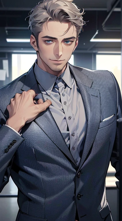 (best quality,4k,8k,highres,masterpiece:1.2),ultra-detailed,(realistic,photorealistic,photo-realistic:1.37),1 man,31 years old,mature man,very handsome,without expression,smile,short grey hair,blue eyes,penetrating gaze,perfect face without errors,imposing posture,businessman,office background,cinematic lighting,hdr image
