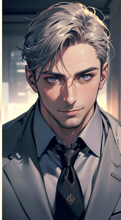 (best quality,4k,8k,highres,masterpiece:1.2),ultra-detailed,(realistic,photorealistic,photo-realistic:1.37),1 man,31 years old,mature man,very handsome,without expression,smile,short grey hair,blue eyes,penetrating gaze,perfect face without errors,imposing posture,businessman,office background,cinematic lighting,hdr image