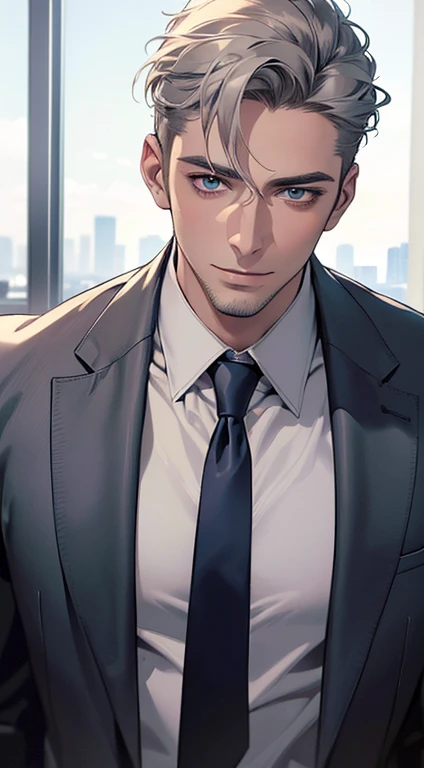 (best quality,4k,8k,highres,masterpiece:1.2),ultra-detailed,(realistic,photorealistic,photo-realistic:1.37),1 man,31 years old,mature man,very handsome,without expression,smile,short grey hair,blue eyes,penetrating gaze,perfect face without errors,imposing posture,businessman,office background,cinematic lighting,hdr image