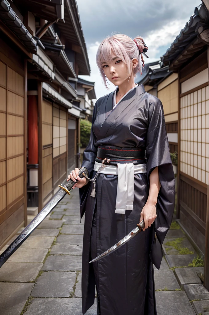 (Highest quality:1.2),32k HDR,High resolution,Perfect Anatomy,Wet and shiny white skin,Sweat dripping down my body,Slender model figure,Ahegao,Silver and pink hair,short hair,soaked through,Super small face,Collar and leash,Alley,Edo Town,photo shoot,Maid,((Japanese sword)),tattoo,((whole bodyにタトゥー)),(Arms covered in tattoos),((Collar with leash)),(Lockに繋がれた少女),Women in ,climax,etailed skin texture, Detailed face, Fine grain,((whole body)),((艶やかなkimono)),(((nightの町))),((暗darkness)),((頭からfootまで)),((Lock帷子)),(((Lock))),(foot),(((Wrapped in a cloth))),((geta)),((大きなJapanese swordを構える)),(((Japanese swordを構える)),((kimono)),((Are standing)),((Wrap a cloth around your chest)),(((巨大なJapanese sword))),((Wear a black belt around your waist)),((花柄のkimono)),((Thin fabric)),((身長と同じくらいの大きさのJapanese swordを振りかぶる)),((night)),((Dim light)),((Glaring at the camera)),((Bold pose)),(((Restraints))),(((darkness))),(((moonlight))),,(((kimonoの上からLockを身体中に巻く:1.2))),(((Japanese sword:1.3))),((Lock)),((Hakama)),((Wrap the chain)),