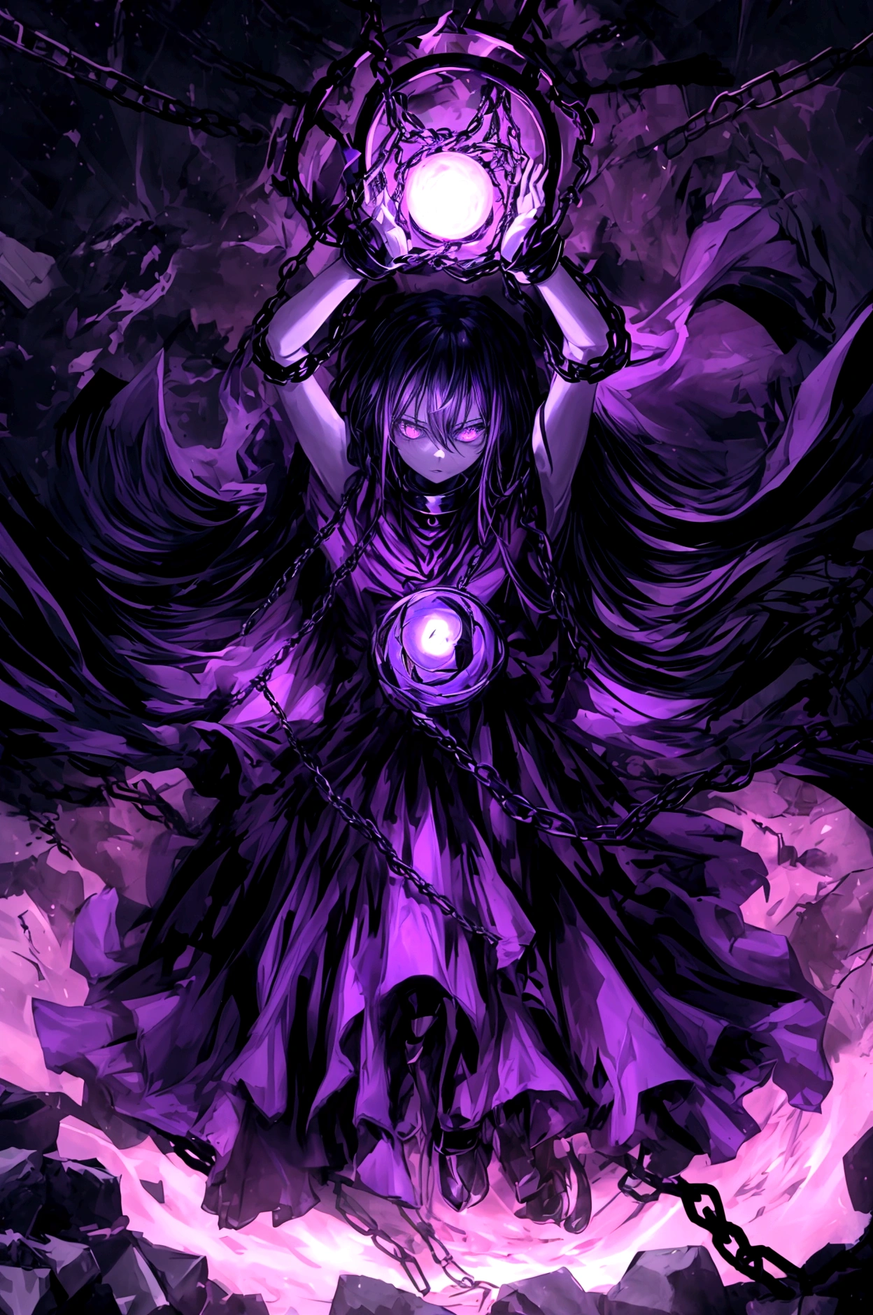 Make, god of destruction, almighty, destruction, can control a lot of chains, holding a dark sphere with chains circling it, dark clothing, black, purple
