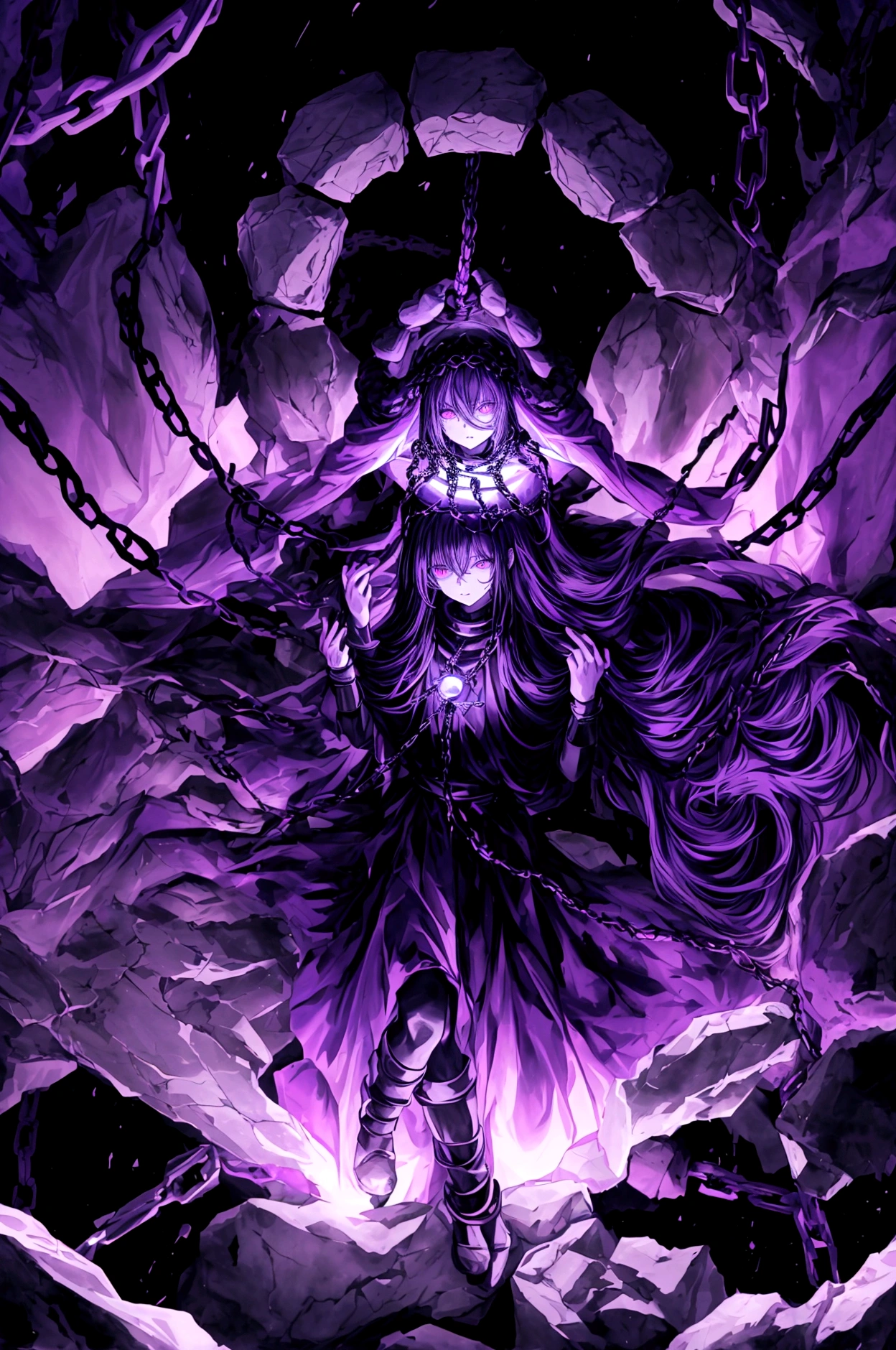 Make, god of destruction, almighty, destruction, can control a lot of chains, holding a dark sphere with chains circling it, dark clothing, black, purple 