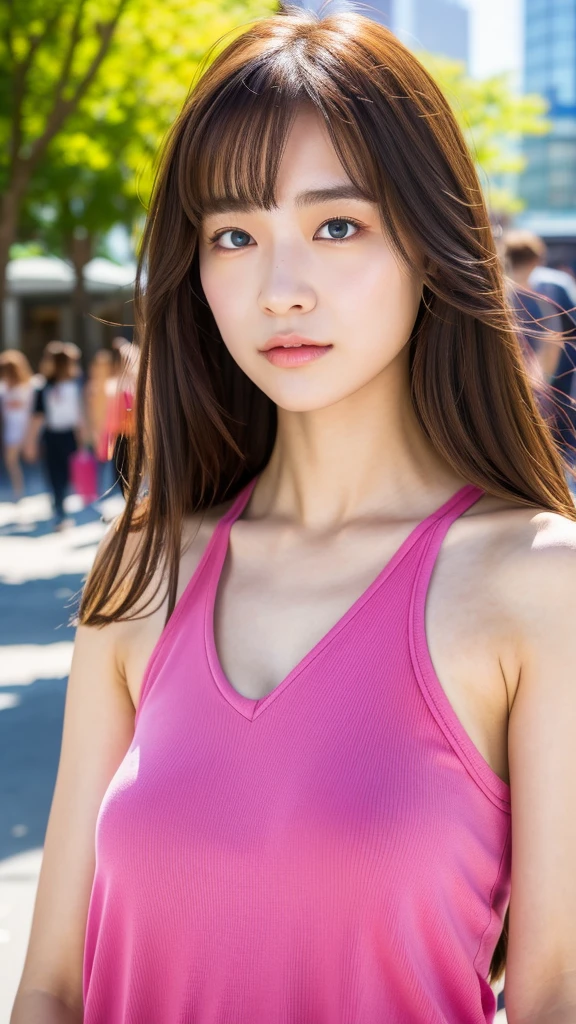 (best quality, 8k, 32k, masterpiece, UHD:1.2), ultra high resolution, (pretty a Korean girl of 13 yeautiful detailed eyes, long brown hair, bangs, (wearing magenta tank-top), large breasts, cleavage, portrait, (crowded city boulevard on a bright sunny day:1.2), (detailed background:1.5)