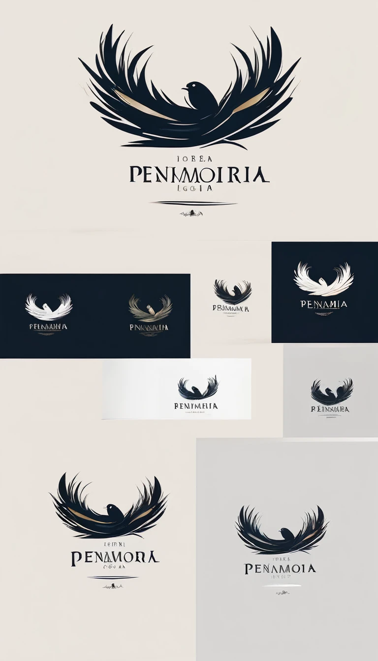 A minimal, modern, simple, cinematic logo design for the brand “Penamemoria". Create a modern, minimalistic, inspirational, creative, high-quality, logo of a boy dreaming in a nest of feathers. The logo must be a symbol for dreams, stories, memories, music and imagination.
