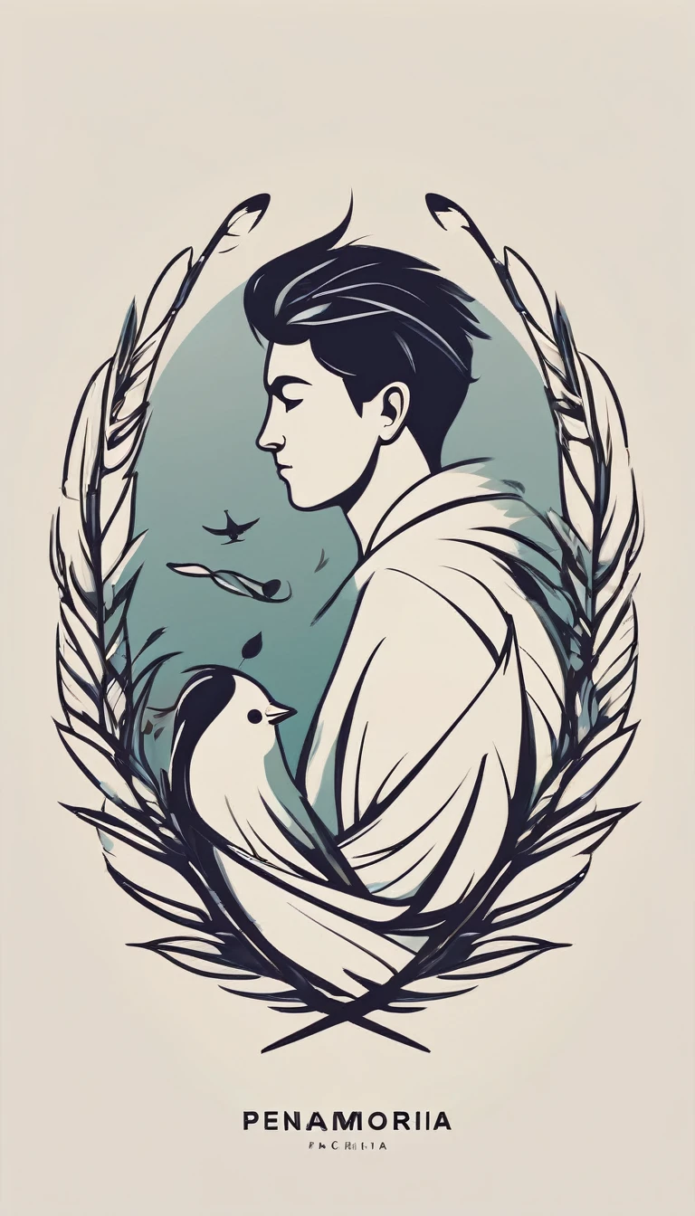 A minimal, modern, simple, cinematic logo design for the brand “Penamemoria". Create a modern, minimalistic, inspirational, creative, high-quality, logo of a boy dreaming in a nest of feathers. The logo must be a symbol for dreams, stories, memories, music and imagination.