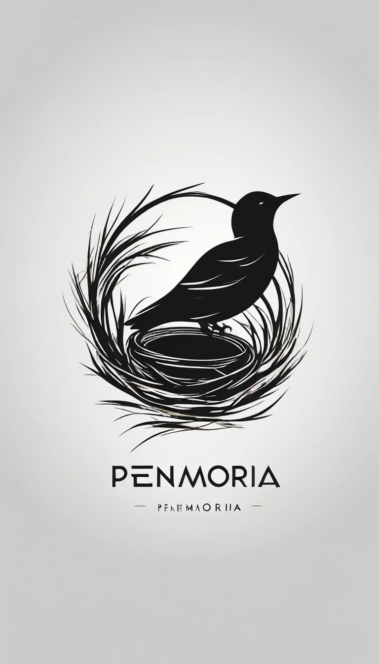 A minimal, modern, simple, cinematic logo design for the brand “Penamemoria". Create a modern, minimalistic, inspirational, creative, high-quality, logo of a boy dreaming in a nest of feathers. The logo must be a symbol for dreams, stories, memories, music and imagination.
