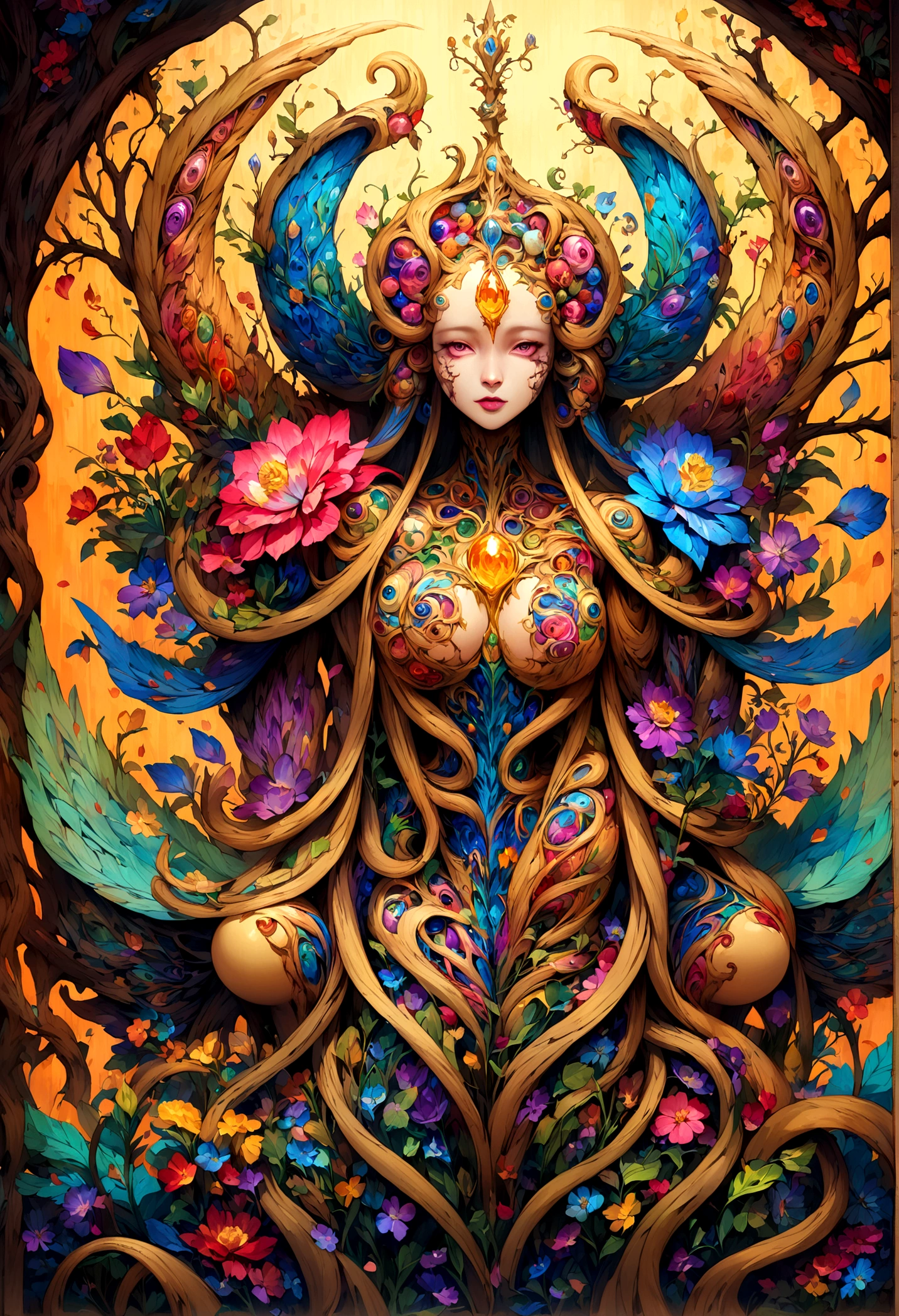 body horror style the artwork is a beautifully crafted painting that showcases a vibrant, multi colored flower with pink, purple, and blue hues. the petals of the flower are intricately detailed, giving it an almost lifelike appearance. the flower is attached to a slender, green stem, which stands tall against an orange background. at the base of the stem rests a round, yellowish brown stone adorned with colorful beads, adding a touch of whimsy to the piece. the entire scene is rendered in rich colors and intricate details, creating a captivating visual experience for the viewer. . grotesque transformations, physical mutation, medical themes, visceral terror