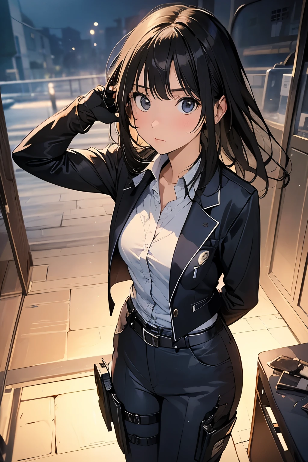 high quality, masterpiece, Ultra-high resolution, (realism: 1.4), Oil painting style, Cinema Lighting, An endless grassland dotted with a few houses, I stood on the empty asphalt road and looked at it., Fairy Mountain々was shrouded in mist, And the suspenders with the cranes flying　　　Moderate breasts　 　 　　　　Small face　 　　　holster　　　Beautiful woman　　　　 Lying in bed　Looking up　　　　Sweat 　　　belt　summer　脇Sweat 　Black Hole Gloves　suit　shirt　　Black jacket　 Black trousers　Leg Links　ズボンにbelt　　holster　Nipples showing through clothes, caught　　Hands behind your back　 Anxious expression　Looking up　Anxious face