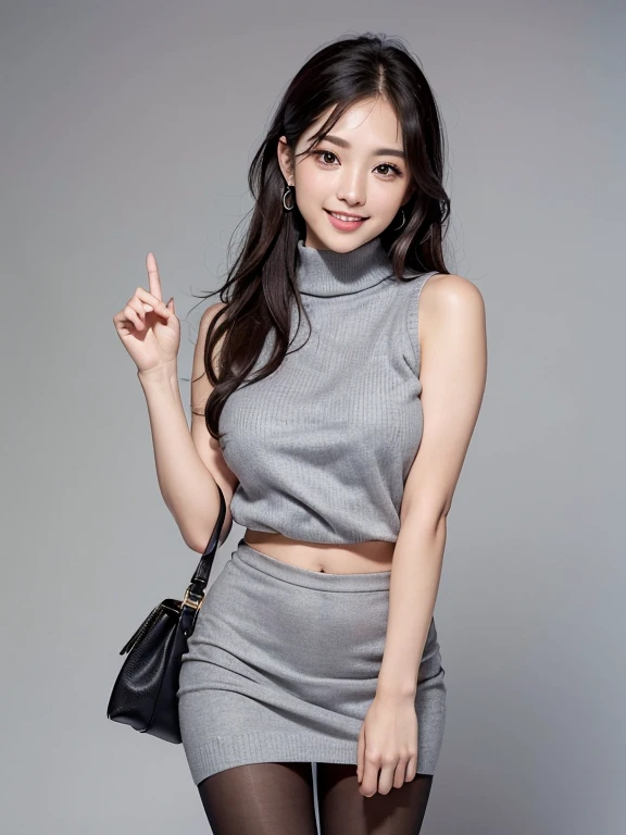 ulzzang -6500-v1.1、(Raw photo:1.2)、(Photorealsitic)、Beautiful details、(Real: 1.4)、Very detailedな目と顔、Beautiful detailsな目、Standing in the office、(Sleeveless high neck sweater、flare skirt:1.2)、(Super Real Pantyhose、High heels)、Cross-legged、Large file sizes、High resolution、Very detailed、highest quality、[masterpiece:1.6]、An illustration、Very detailed、nffsw、Fine details、highest quality、8k wallpaper、Cinema Lighting、One mature woman、43 years old、Perfect figure、Cute droopy eyes beautiful big eyes、Peace Finger、((Mastepiece))、highest quality、One mature woman、eye shadow、Portrait、( (FULL BODYSHOT:1.4))、(A very kind smile:1.2)、(((Gray background)))