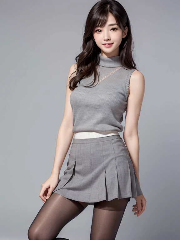 ulzzang -6500-v1.1、(Raw photo:1.2)、(Photorealsitic)、Beautiful details、(Real: 1.4)、Very detailedな目と顔、Beautiful detailsな目、Standing in the office、(Sleeveless high neck sweater、flare skirt:1.2)、(Super Real Pantyhose、High heels)、Cross-legged、Large file sizes、High resolution、Very detailed、highest quality、[masterpiece:1.6]、An illustration、Very detailed、nffsw、Fine details、highest quality、8k wallpaper、Cinema Lighting、One mature woman、43 years old、Perfect figure、Cute droopy eyes beautiful big eyes、Peace Finger、((Mastepiece))、highest quality、One mature woman、eye shadow、Portrait、( (FULL BODYSHOT:1.4))、(A very kind smile:1.2)、(((Gray background)))