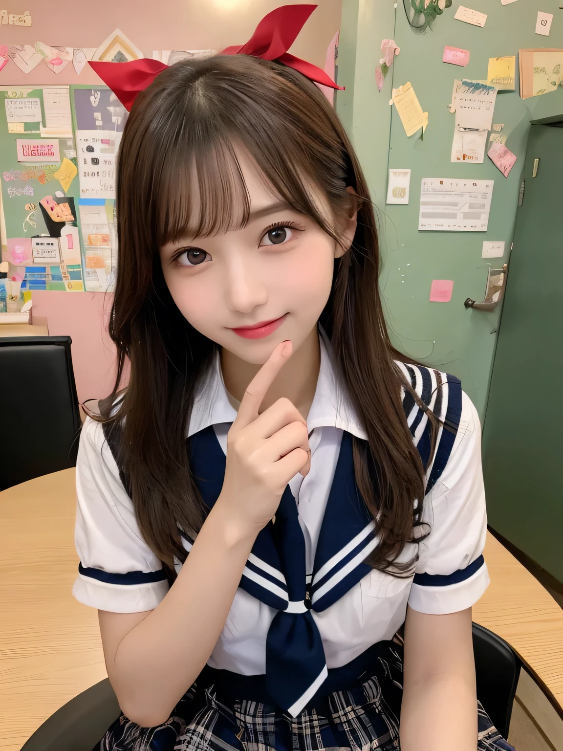 Tabletop、Highest quality、figure、 Super detailedな、High resolution、8k wallpaper、Perfect dynamic composition,、Beautiful attention to detail、Natural color lip、Bold sexy pose、smile、16-year-old girl、cute、sexy shot looking at camera、(Highest quality: 1.3), (masterpiece: 1.3), (Super detailed: 1.3), (wallpaper, One Girl: 1.1), (Detailed hands and fingers:1.2)、(Ultra-oily, lustrous skin with attention to detail:1.1)、Oily shiny knee socks、(The perfect school girl uniform:1.3)、Sailor suit with red ribbon、(Beautiful small breasts:1.3)、(Red checkered mini skirt:1.2)、Brown Hair、short hair、ponytail、Beautiful sister、Pink wall,very cute、Sitting in a chair