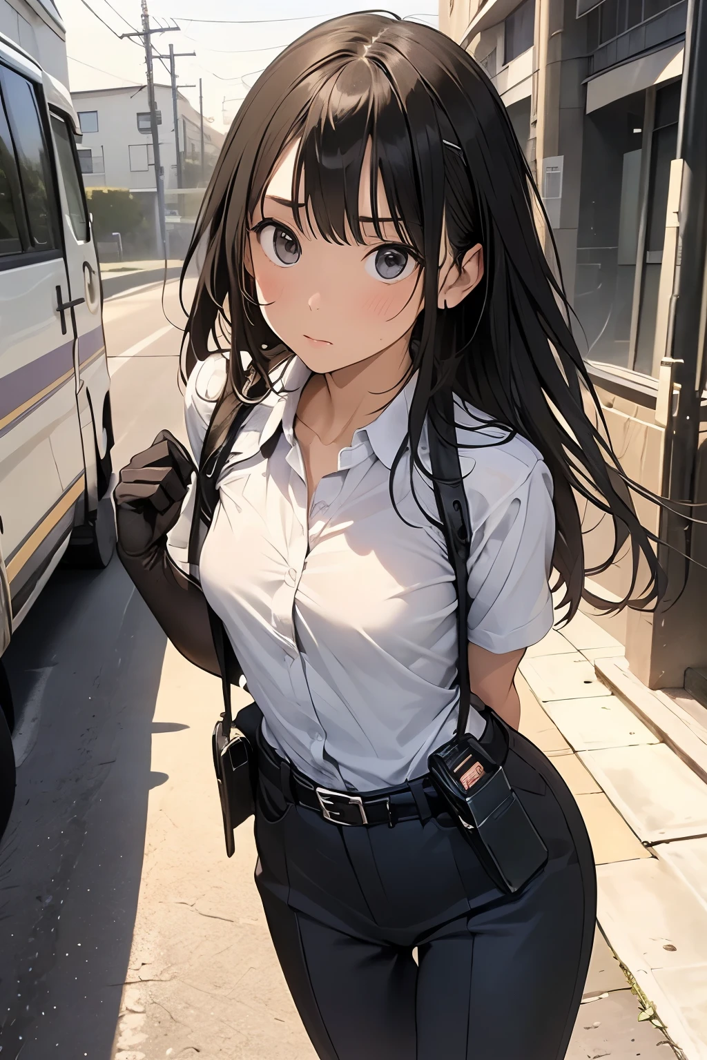 high quality, masterpiece, Ultra-high resolution, (realism: 1.4), Oil painting style, Cinema Lighting, An endless grassland dotted with a few houses, I stood on the empty asphalt road and looked at it., Fairy Mountain々was shrouded in mist, And the suspenders with the cranes flying　　　Moderate breasts　 　 　　　　Small face　 　　　holster　　　Beautiful woman　　　　 Lying in bed　Looking up　　　　Sweat 　　　belt　summer　脇Sweat 　Black Hole Gloves　suit　shirt　　Black jacket　 Black trousers　Leg Links　ズボンにbelt　　holster　Nipples showing through clothes, caught　　Hands behind your back　 Anxious expression　Looking up　Anxious face