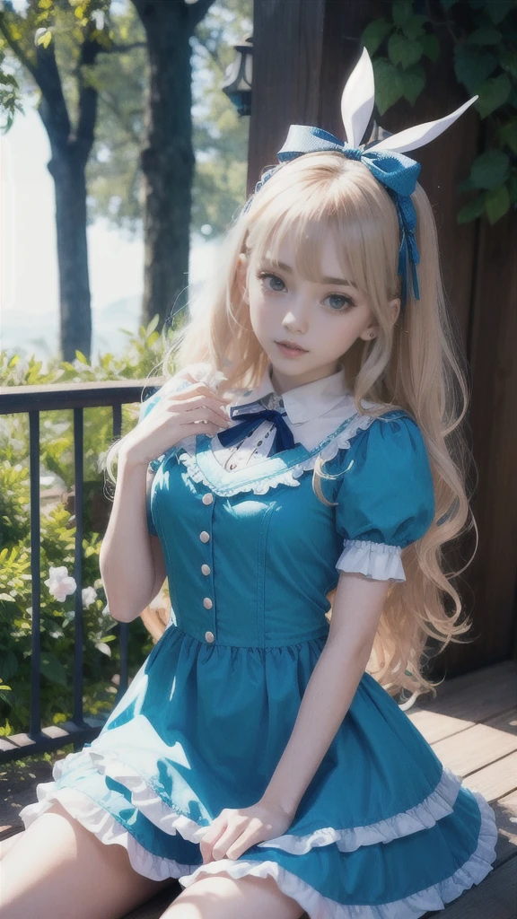 Alice in Wonderland, Magical creatures all around you, masterpiece, detailed、24 year old Caucasian female、Sexy、Sexy proportions、Narrow waist