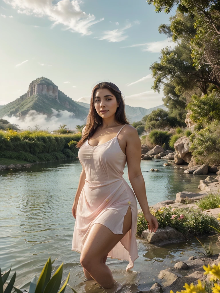 Arab dress, yellow dress, short dress (white), crocodile near the mountain, water near the grass, waterfall nearby, light green, bright flowers, red sky, wearing suit (white), lips (pink) Escasamente vestido, beautiful face Hermosa big hips shine in the sky, oval curves sonrisa seductora Retrato Gabriella Lin Rojo red-orange dress