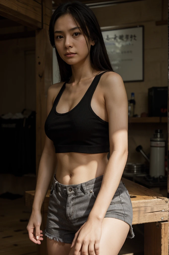 himeno from chainsawman, realistic human, wear black tanktop 