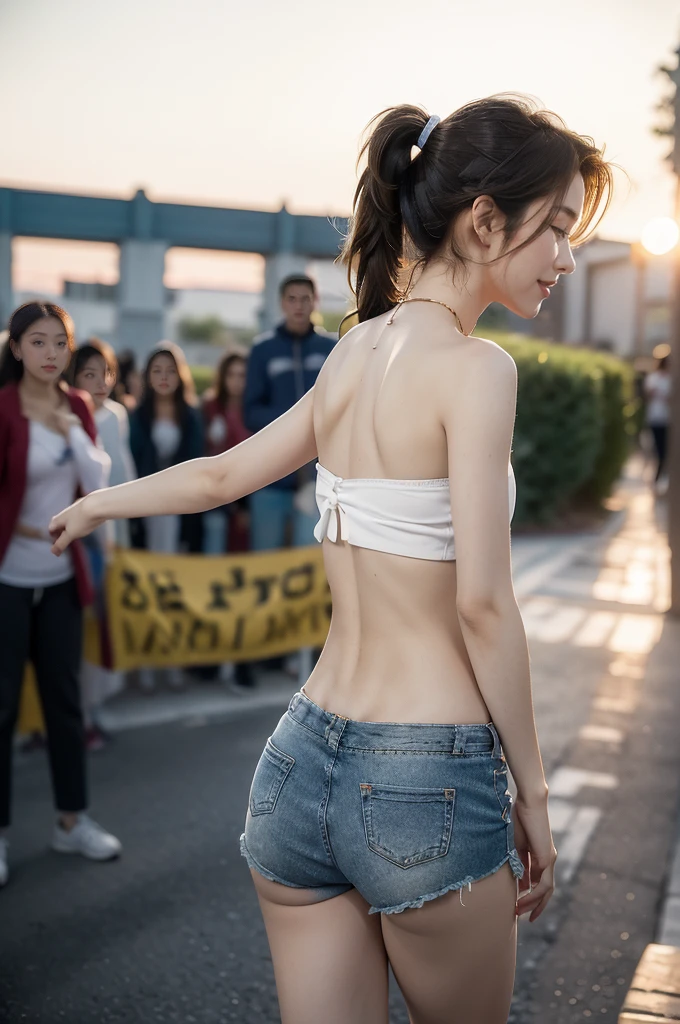 (((best quality))),(((ultra detailed))),(((masterpiece))),illustration,((1 beautiful girl,solo)),((slim,thin)),((shoulder off,strapless,bare back,towering hips,butt crack)), outside school gate, summer twilight, sunlight,(short ponytail:1.3),((white short-sleeved shirt)),((clavicalis,navel)),((navy blue sports shorts,slender legs)),animated face, excited eyes, sounds of laughter, chatter, excitement of summer vacation, air filled with energy, school gate golden glow, symbol of end of academic year, schoolyard transformed, reunion, farewells, embracing setting sun, face illuminated, moment captured, fleeting instant, essence of summer, carefree spirit, youthful exuberance, embodiment of season, sun dips, rosy glow, joy of living,promise of adventures,((standing,from back,upper body)),(surrounded by crowded crowds:1.3)