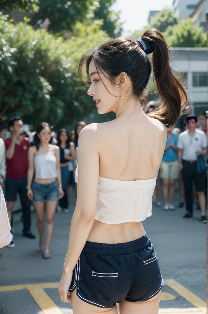 (((best quality))),(((ultra detailed))),(((masterpiece))),illustration,((1 beautiful girl,solo)),((slim,thin)),((shoulder off,strapless,bare back,towering hips,butt crack)), outside school gate, summer twilight, sunlight,(short ponytail:1.3),((white short-sleeved shirt)),((clavicalis,navel)),((navy blue sports shorts,slender legs)),animated face, excited eyes, sounds of laughter, chatter, excitement of summer vacation, air filled with energy, school gate golden glow, symbol of end of academic year, schoolyard transformed, reunion, farewells, embracing setting sun, face illuminated, moment captured, fleeting instant, essence of summer, carefree spirit, youthful exuberance, embodiment of season, sun dips, rosy glow, joy of living,promise of adventures,((standing,from back,upper body)),(surrounded by crowded crowds:1.3)