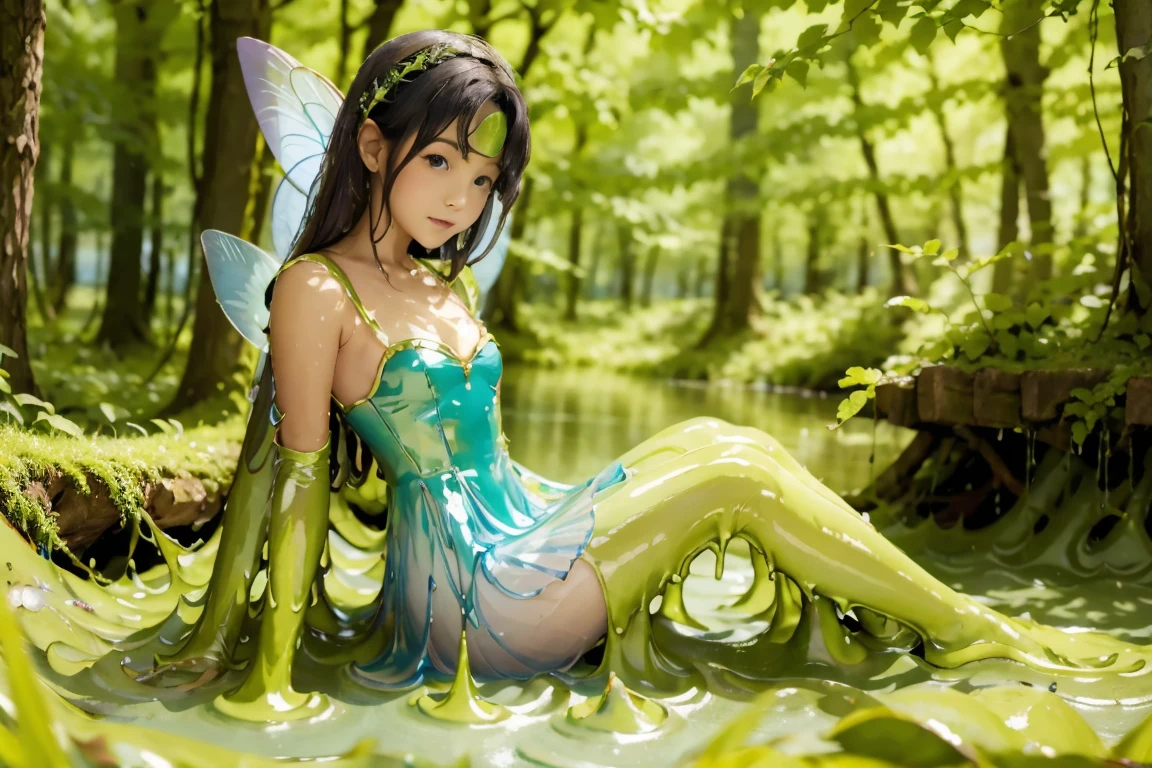 a fairy sitting neaby the lake, slime