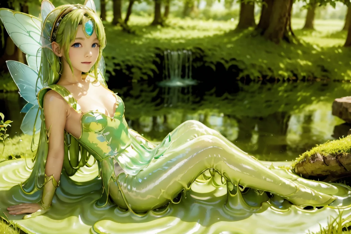 a fairy sitting neaby the lake, slime