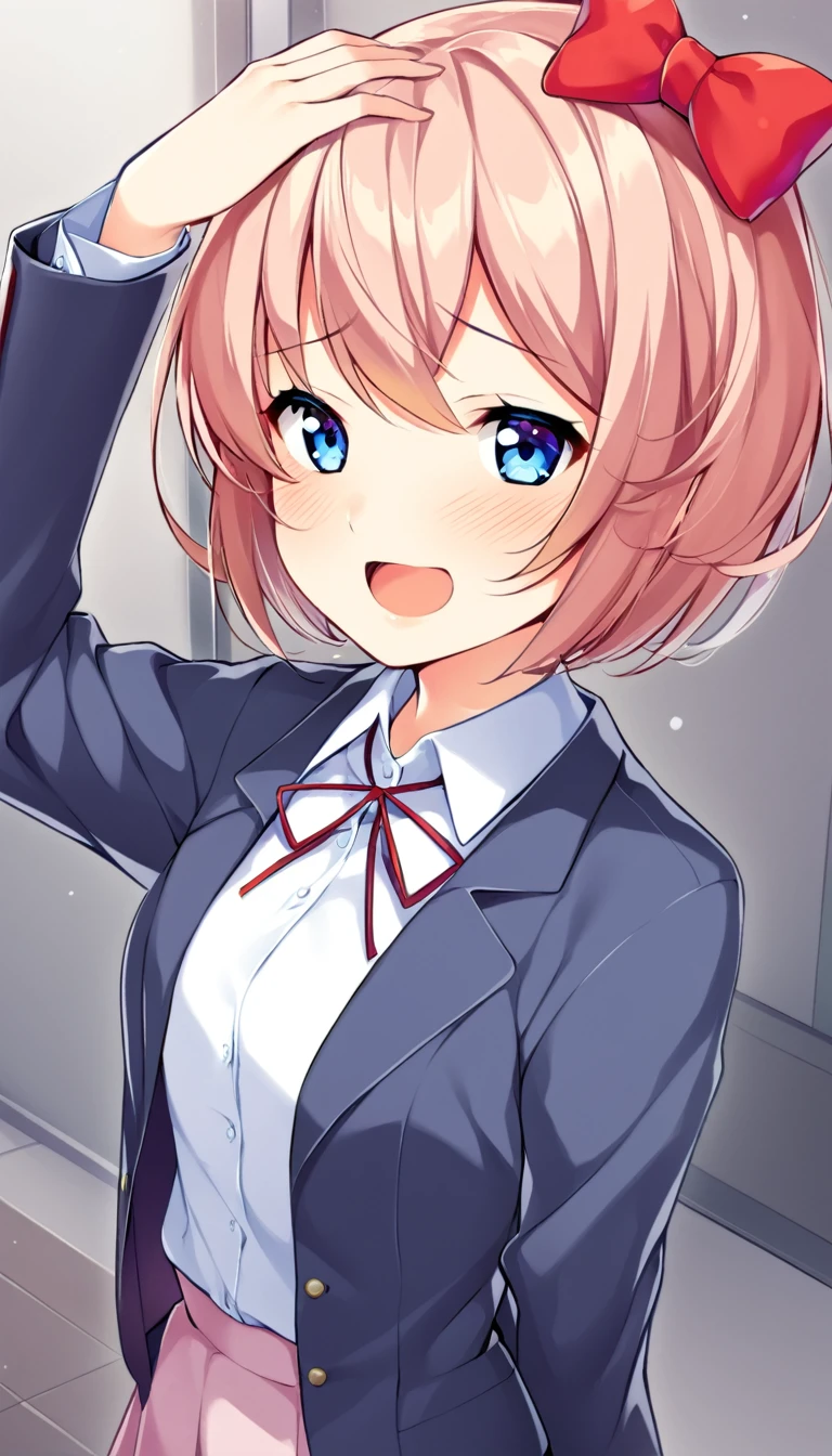 one girl, lovely, blazer, Sayori, my childhood friend, cute, short hair, blush, light blue eyes, love me, I stroke her head gently, feel happiness, from above, my hand on her head, look at me, ecstatic, I cherish her, hair bow