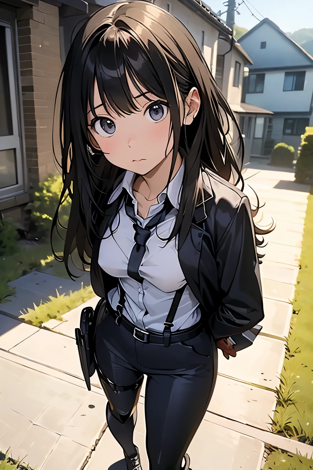 high quality, masterpiece, Ultra-high resolution, (realism: 1.4), Oil painting style, Cinema Lighting, An endless grassland dotted with a few houses, I stood on the empty asphalt road and looked at it., Fairy Mountain々was shrouded in mist, And the suspenders with the cranes flying　　　Moderate breasts　 　 　　　　Small face　 　　　holster　　　Beautiful woman　　　　 Lying in bed　Looking up　　　　Sweat 　　　belt　summer　脇Sweat 　Black Hole Gloves　suit　shirt　　Black jacket　 Black trousers　Leg Links　ズボンにbelt　　holster　Nipples showing through clothes, caught　　Hands behind your back　 Anxious expression　Looking up　Anxious face