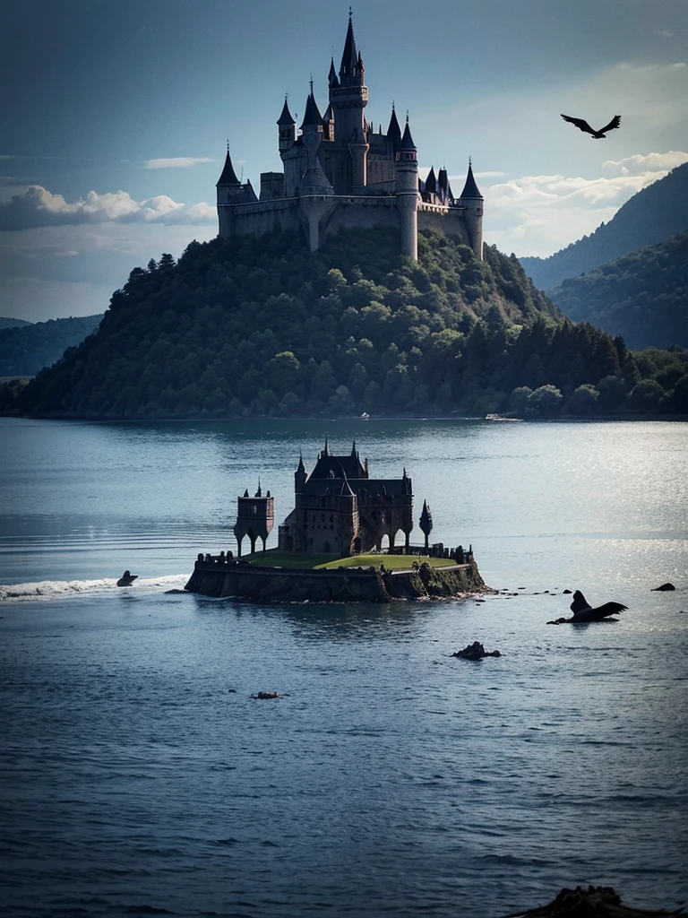 a huge black castle in the background, surrounding the castle there is a huge lake with black and gloomy waters, in front of the castle the land is dead and has several ruins, crows roam the place and dead fallen trees