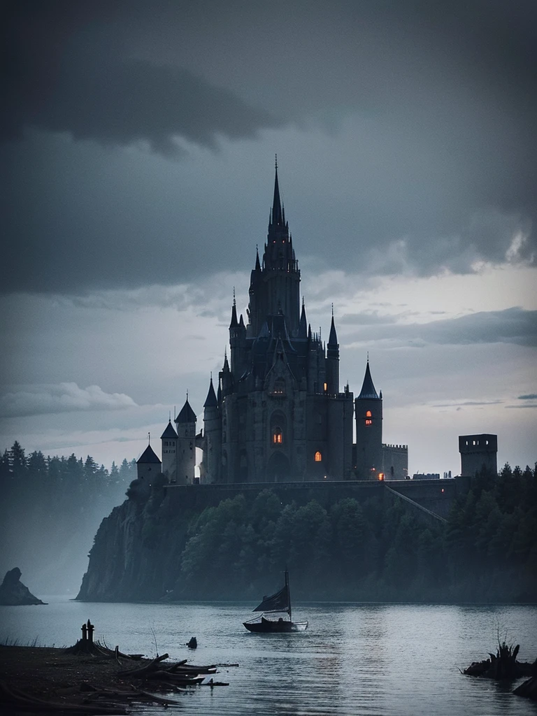 a huge black castle in the background, surrounding the castle there is a huge lake with black and gloomy waters, in front of the castle the land is dead and has several ruins, crows roam the place and dead fallen trees