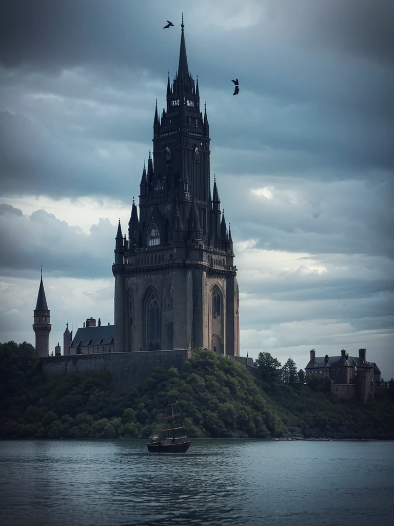 a huge black castle in the background, surrounding the castle there is a huge lake with black and gloomy waters, in front of the castle the land is dead and has several ruins, crows roam the place and dead fallen trees