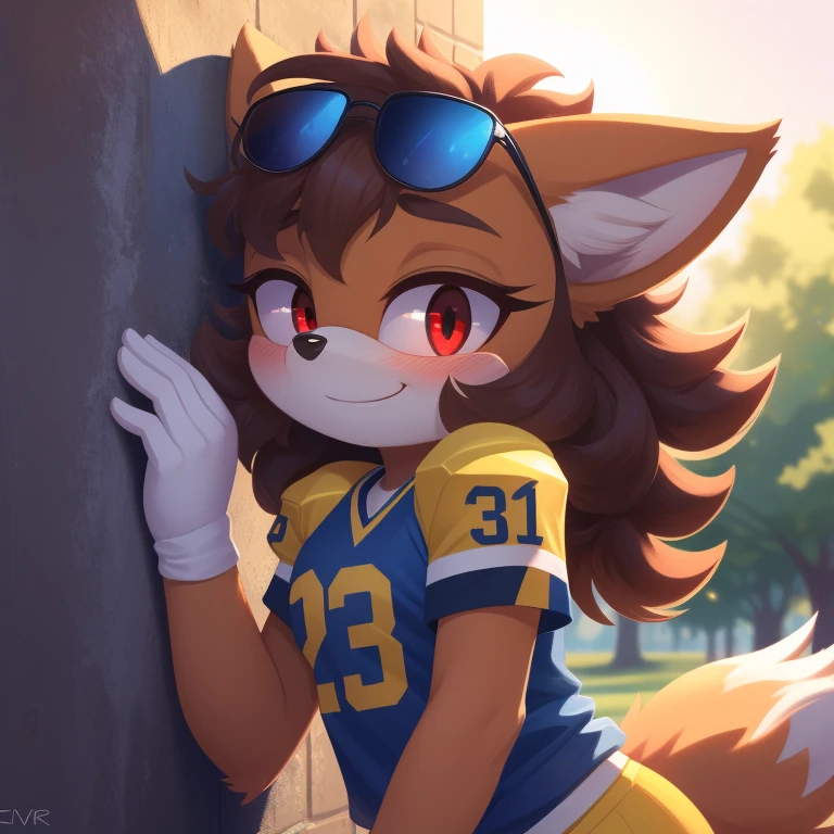 mobian, solo, hedgehog, two-tone fur ((orange fur, brown fur)), posing like a model, wearing an Oversized American Football shirt, two-tone hair (brown hair, black tip)), curly hair, halo, sunglasses, jewelry, red eyes, longeyelashes, red eyes, smile, shy, blush, her body is leaning towards the wall, but her hand presses against the wall, she has a happy face, spot color, and lastly she's in the park, it's sunny, high detail, masterpiece, UHD, anatomically correct, super detail, highres, 4K