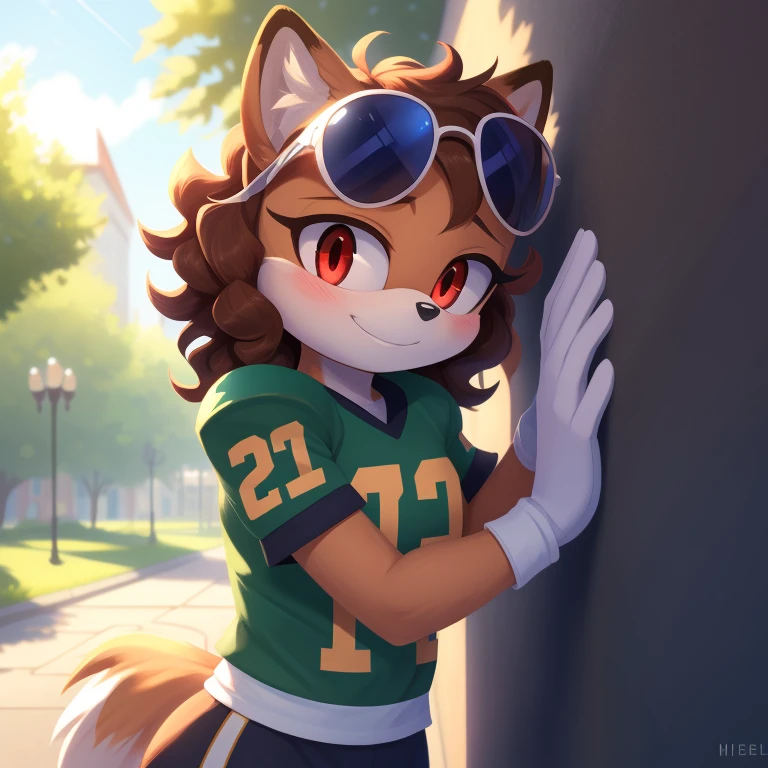 mobian, solo, hedgehog, two-tone fur ((orange fur, brown fur)), posing like a model, wearing an Oversized American Football shirt, two-tone hair (brown hair, black tip)), curly hair, halo, sunglasses, jewelry, red eyes, longeyelashes, red eyes, smile, shy, blush, her body is leaning towards the wall, but her hand presses against the wall, she has a happy face, spot color, and lastly she's in the park, it's sunny, high detail, masterpiece, UHD, anatomically correct, super detail, highres, 4K