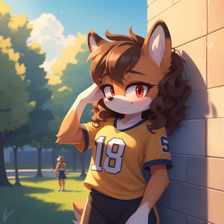 mobian, solo, hedgehog, two-tone fur ((orange fur, brown fur)), posing like a model, wearing an Oversized American Football shirt, two-tone hair (brown hair, black tip)), curly hair, halo, sunglasses, jewelry, red eyes, longeyelashes, red eyes, smile, shy, blush, her body is leaning towards the wall, but her hand presses against the wall, she has a happy face, spot color, and lastly she's in the park, it's sunny, high detail, masterpiece, UHD, anatomically correct, super detail, highres, 4K