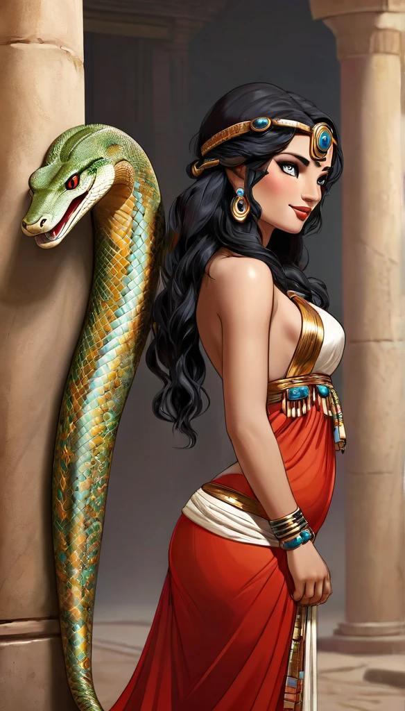 Femme de 30 ans, égyptienne, corps généreux , a l'Égypte antique, avec une très forte poitrine, a la peau de serpent, dans un temple égyptien, porte une robe rouge et maron couleur sable, moule le corps, vêtements transparent, femme avec de long cheveux raide noirs orné de nombreux bijoux, la femme est très enceinte de serpent, sa poitrine est gonflé de lait, la femme a des crochets de serpent visible lorsqu'elle sourit, la femme a des yeux doré a pupilles reptilienne, la femme et une femme serpent