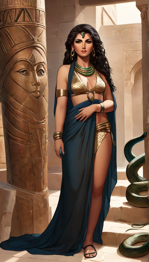 Femme de 30 ans, égyptienne, corps généreux , a l'Égypte antique, avec une très forte poitrine, a la peau de serpent, dans un temple égyptien, porte une robe rouge et maron couleur sable, moule le corps, vêtements transparent, femme avec de long cheveux raide noirs orné de nombreux bijoux, la femme est très enceinte de serpent, sa poitrine est gonflé de lait, la femme a des crochets de serpent visible lorsqu'elle sourit, la femme a des yeux doré a pupilles reptilienne, la femme et une femme serpent