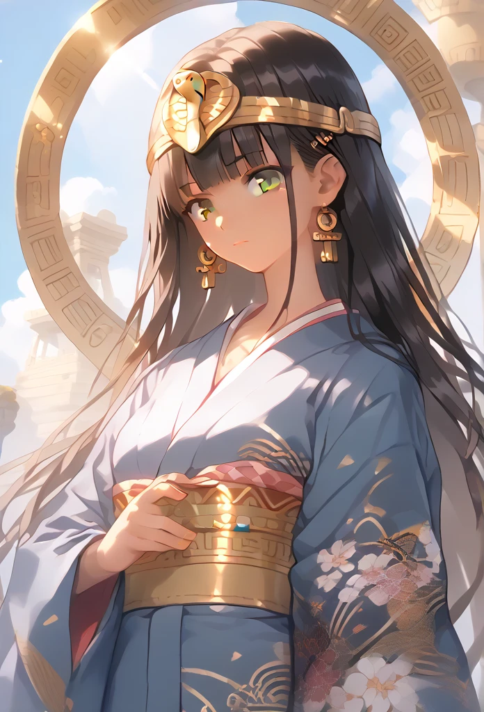 (score_9,score_8_superior,score_7_superior,score_6_superior),masterpiece,Highest quality, Source Anime, evaluation_Explicit, (((masterpiece))), (((Highest quality))), ((Super detailed)), ((figure)), (One girl), (Beautiful Japanese Women), (Long black hair), (Brown eyes), (Egyptian Background), (Wear a traditional kimono), (Detailed face), (Perfect Anatomy), (Detailed lighting front), (Calm expression), (Minimalist Style)