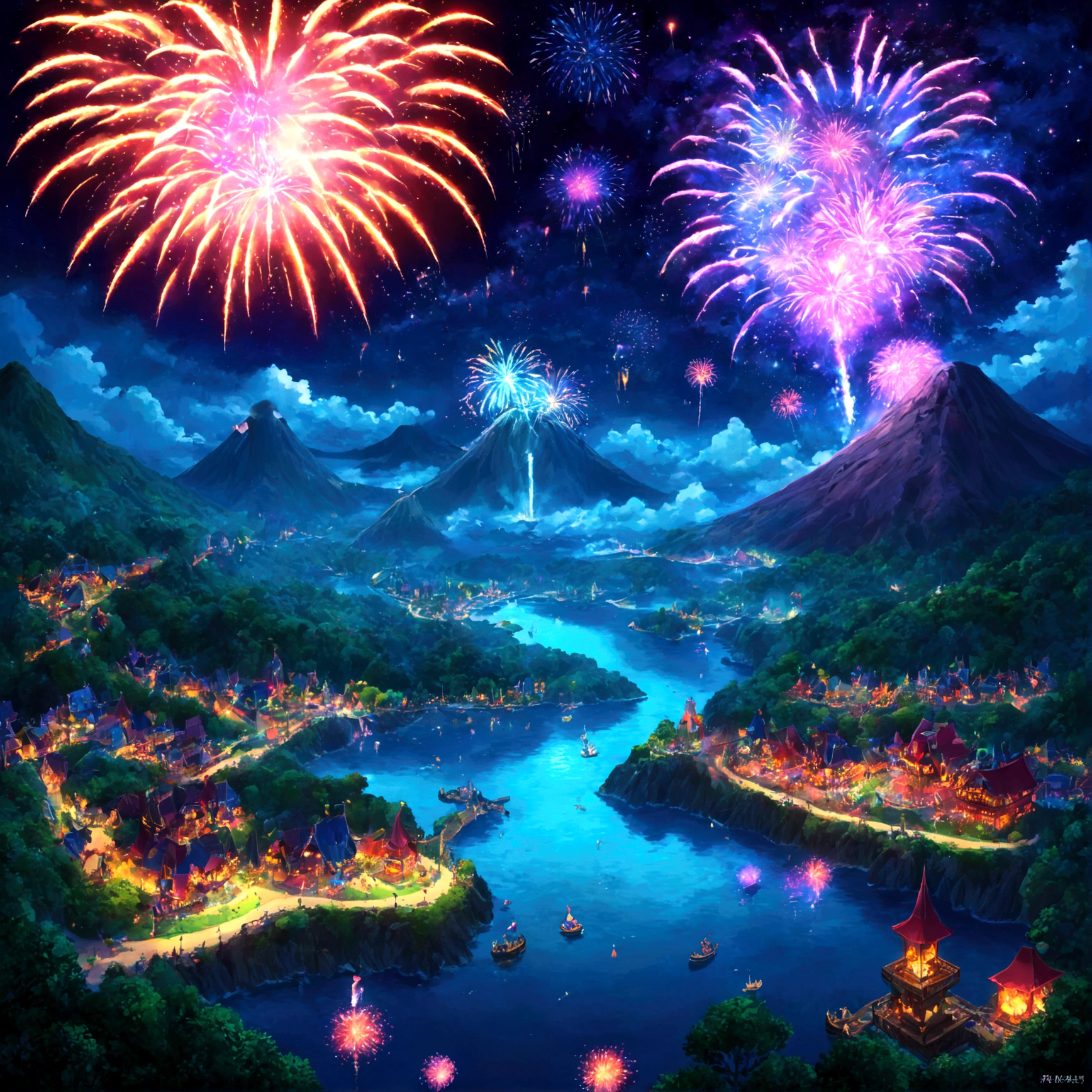 nightには、fireworkが打ち上がり、The Enchanted World is now even more dreamlike.！Beautiful game world。 Fantasy。 Mine Craft。 Theme park。 adventure。 magic。 candy。 universe。 Ocean。 volcano。 Horror。 forest。 night。 firework。 fun。 excited。 Full of dreams。