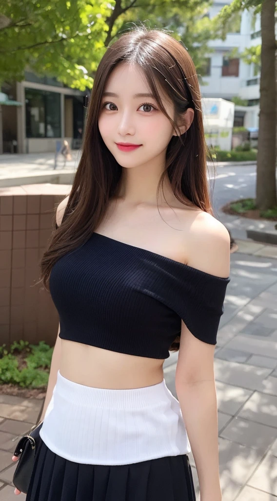 Tabletop, Highest quality, shape, Very detailed, finely, High resolution, 8K壁紙, 完璧なダイナミックな構shape, Beautiful and detailed, Off-shoulder Dreal chest, Natural color lip,優しいsmile,20-year-old girl、美しくDetailed face、Perfect and beautiful face,Big eyes、美しくDetailed face、Perfect and beautiful double eyelids、Blur the background、Feminine poses、Slim face and figure、Straight hair, (masterpiece, Highest quality, Very detailed, Detailed face, 8K)、Actual Photos(Best image quality)、smile,Shot from under the skirt