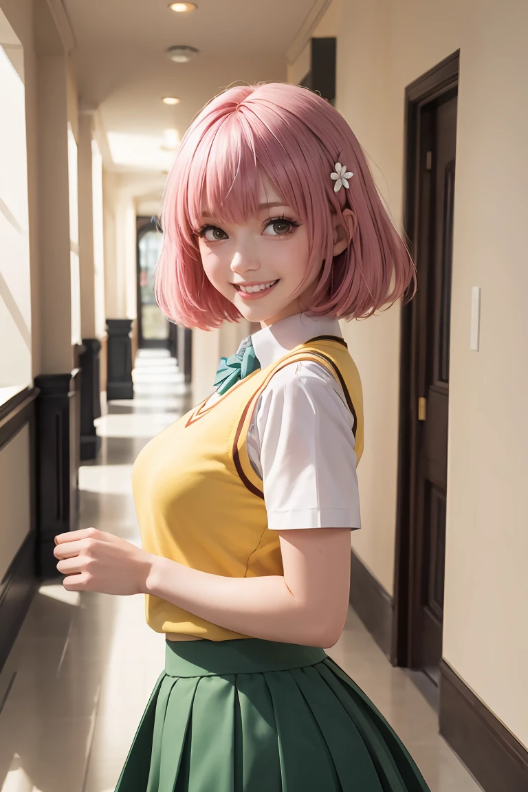 masterpiece, best quality, tlrmomo, hair flower, yellow sweater vest, white shirt, short sleeves, green skirt, black thighhighs, demon tail, upper body, grin, looking at viewer, hallway