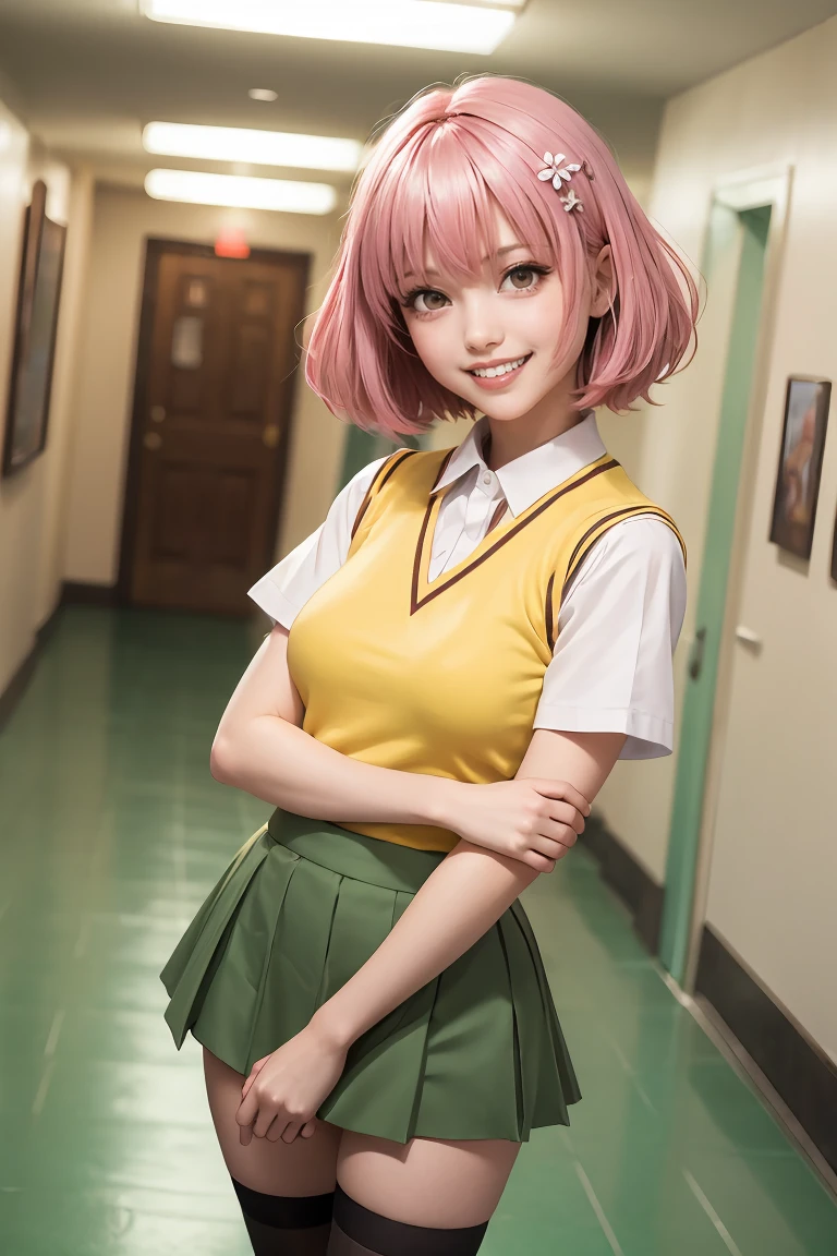 masterpiece, best quality, tlrmomo, hair flower, yellow sweater vest, white shirt, short sleeves, green skirt, black thighhighs, demon tail, upper body, grin, looking at viewer, hallway