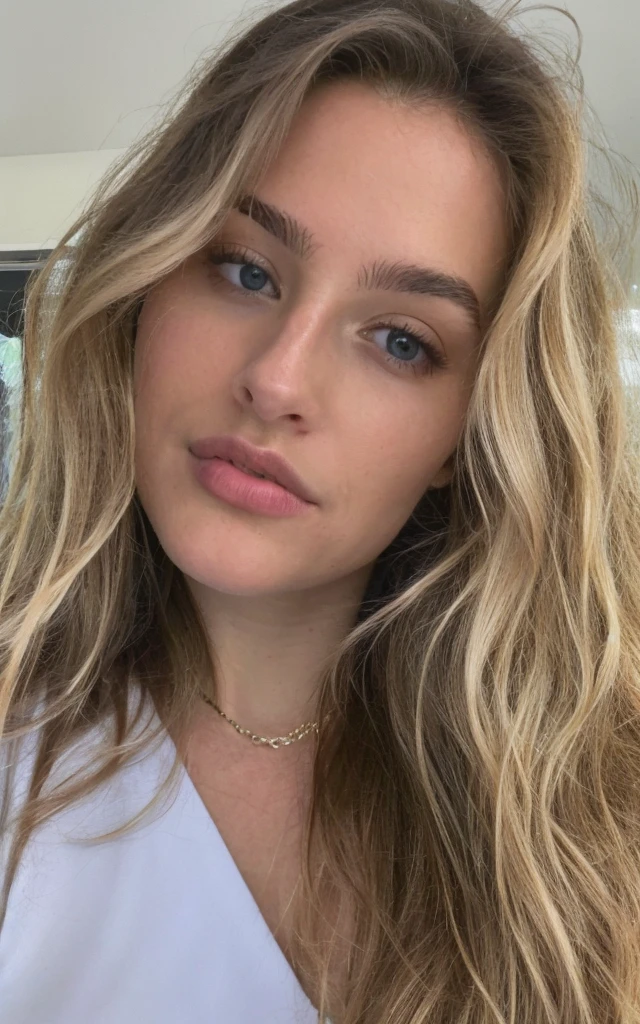 Jolie belle blonde russe faisant un selfie en regardant la camera de fasse , Selfie, décolleté, highly detailed, 19 ans, visage innocent, naturally wavy hair, yeux bleus, high resolucion, tmasterpiece,