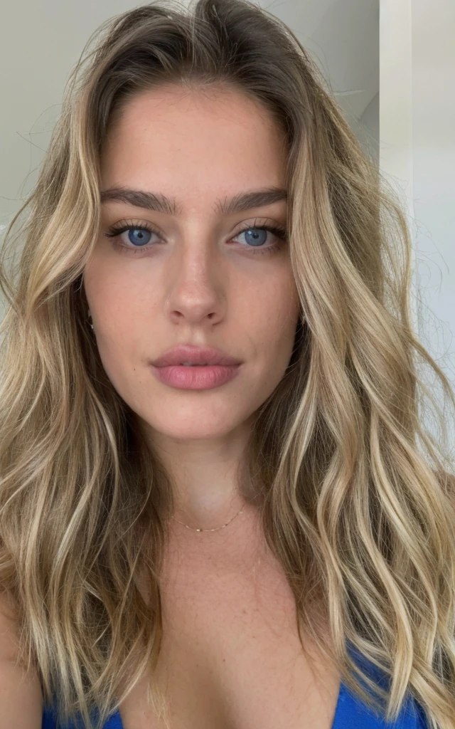 Jolie belle blonde russe faisant un selfie en regardant la camera de fasse , Selfie, décolleté, highly detailed, 19 ans, visage innocent, naturally wavy hair, yeux bleus, high resolucion, tmasterpiece,